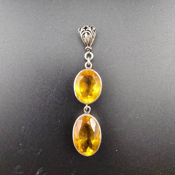 Vintage Sterling Silver Pendant With Double Citrine Gemstones 2" Long - Picture 1 of 6